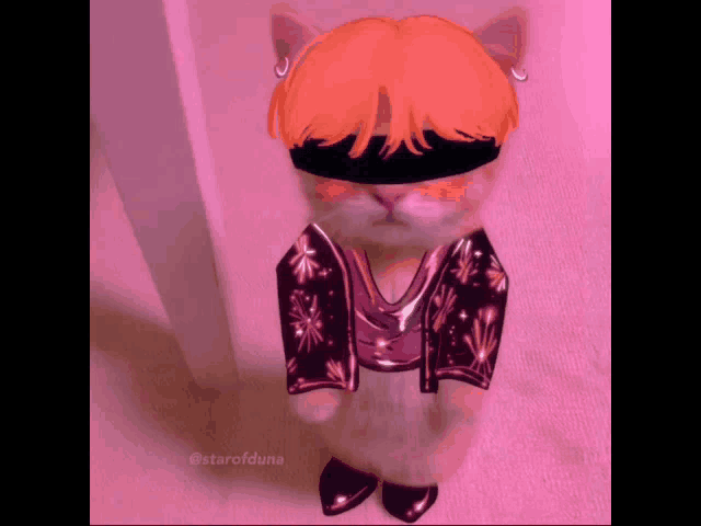 a cat wearing a blindfold and a jacket with the letter m on it 's chest