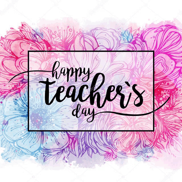 a happy teacher 's day greeting card with pink and blue flowers