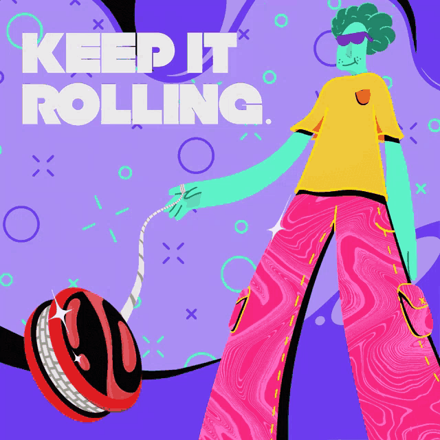 an illustration of a person holding a yo-yo and the words keep it rolling