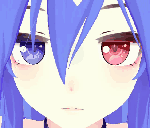 a close up of a girl 's face with red and blue eyes