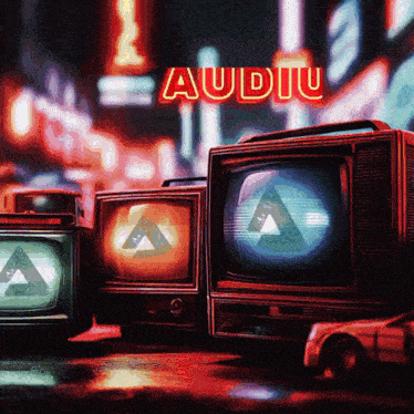 a bunch of old televisions are lined up in front of a neon sign that says audio