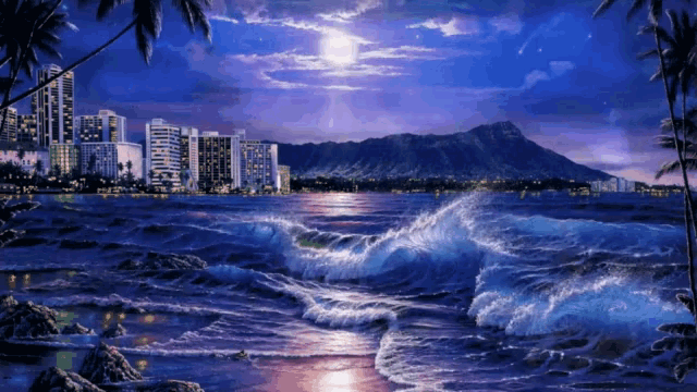 a painting of waves crashing on a beach at night