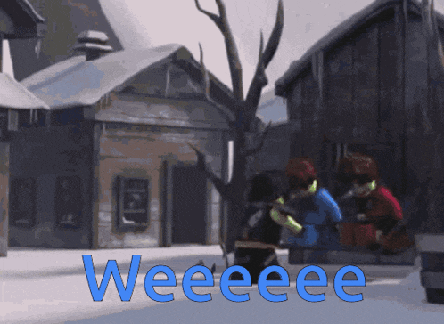 a cartoon scene with the word weeeeee in blue