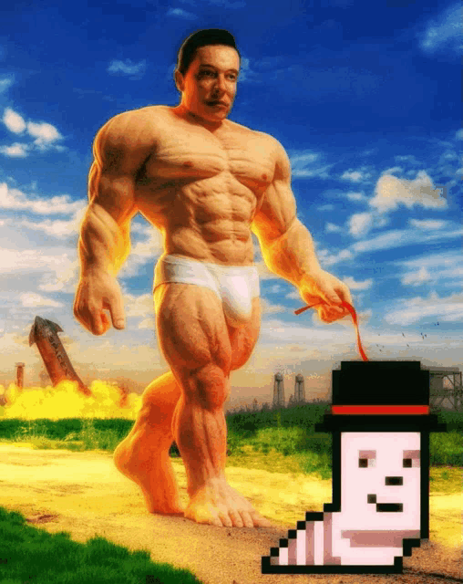 a pixel art drawing of a giant muscle man with a top hat