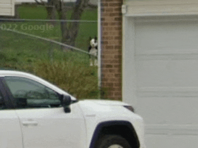 a white car is parked in front of a garage door next to a brick building .