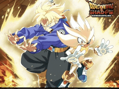 a poster for dragon ball shadow generations shows trunks and sonic