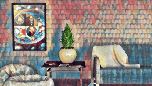 a painting of a living room with a couch and a table