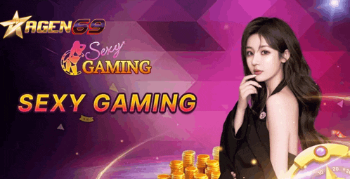 a woman is standing in front of a pile of gold coins with the words sexy gaming written on the bottom