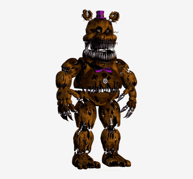 a nightmare freddy bear with a purple top hat and bow tie