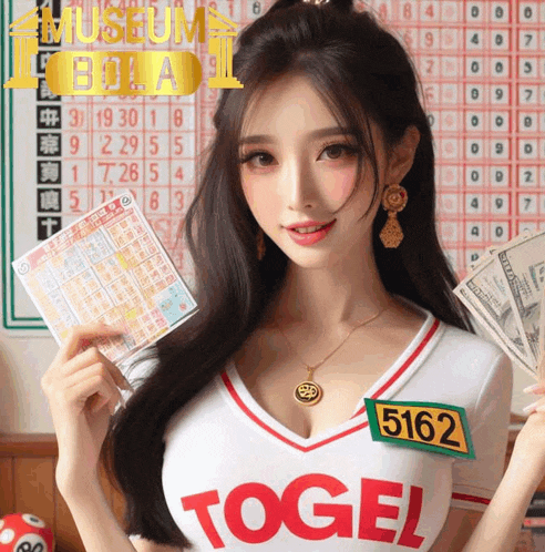 a woman wearing a shirt that says ' togel ' on it is holding money and lottery tickets