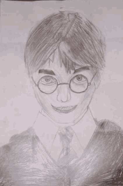 a drawing of harry potter wearing glasses and a tie .