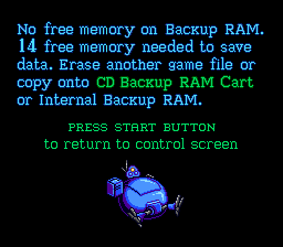 a computer screen that says no free memory on backup ram and 14 free memory needed to save data