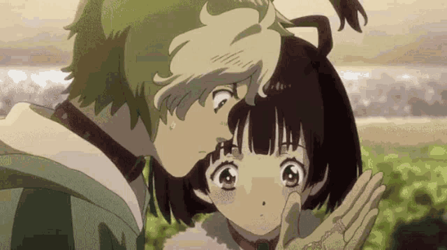 a boy and a girl are touching each other 's faces in a cartoon .