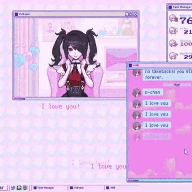 a computer screen that says i love you in pink letters