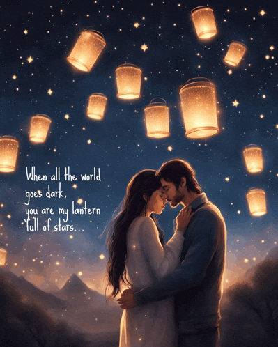 a painting of a man and a woman with lanterns floating in the sky above them