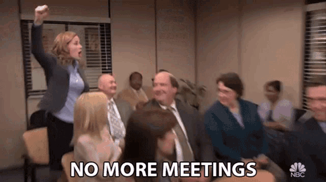 a group of people are sitting in a room with the words no more meetings written on the bottom