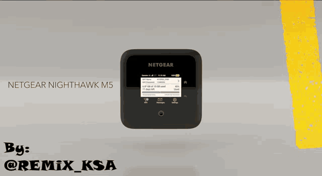 a netgear nighthawk m5 is displayed on a yellow and brown background