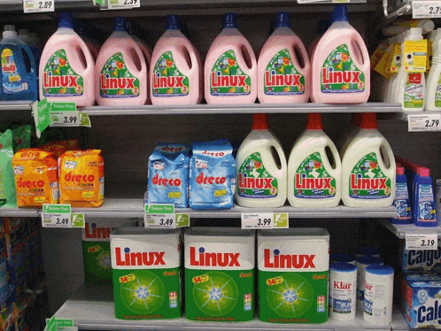 a row of bottles of linux laundry detergent on a shelf