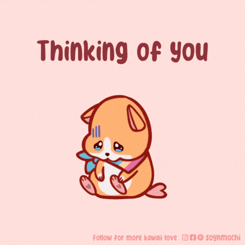 a cartoon of a dog with the words " thinking of you " on the bottom