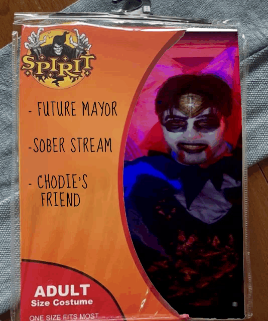 a package of spirit adult size costume features a clown