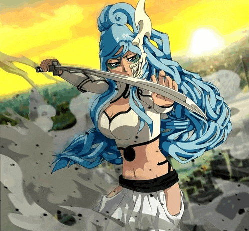 a woman with long blue hair is holding a sword in her hand