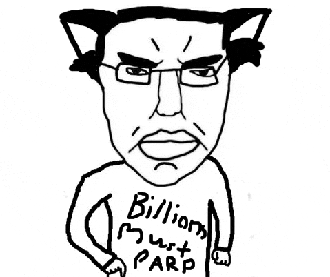 a black and white drawing of a man with cat ears and a shirt that says billions must parp