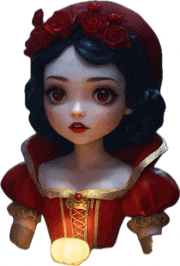 a doll with red roses on her head is wearing a red dress and gloves