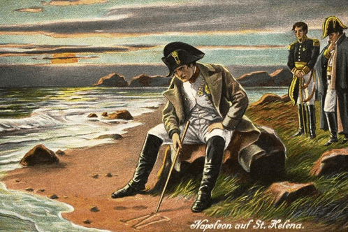 a painting of napoleon sitting on a rock on the beach