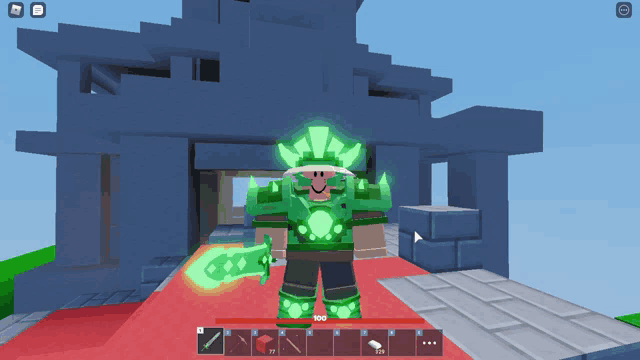 a person in a video game with a green sword and armor