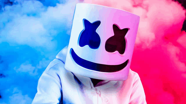 a person wearing a marshmallow mask with a smiling face on it