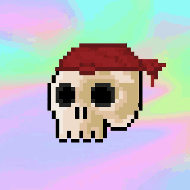 a pixel art of a skull with a red bandana on it