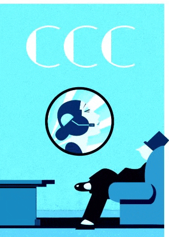 a man in a top hat sits on a couch with a woman in a mirror behind him with the letters ccc on it