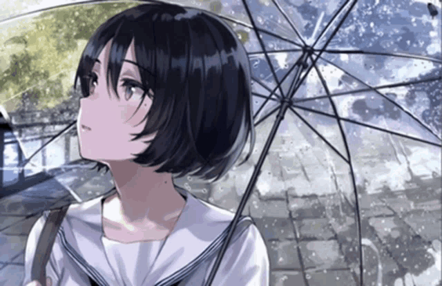 a girl with short black hair holding an umbrella