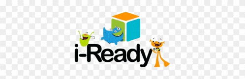 a logo for i-ready with monsters and a cube on a checkered background