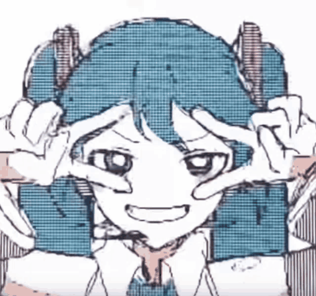 a drawing of a girl with blue hair making a peace sign .