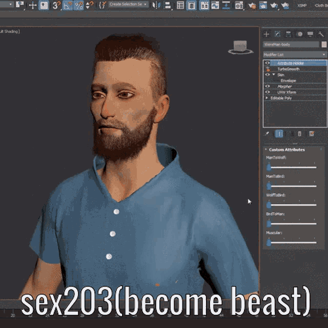 a 3d model of a man with a beard and the words sex203 ( become beast )