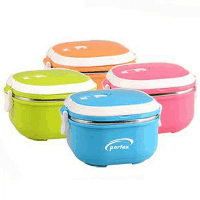 a set of four lunch boxes in different colors .