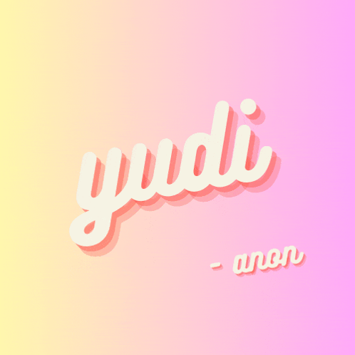 the word yudi is written in white on a pink and yellow background