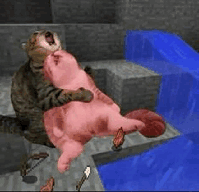 a cat is holding a pink pig in a minecraft world .