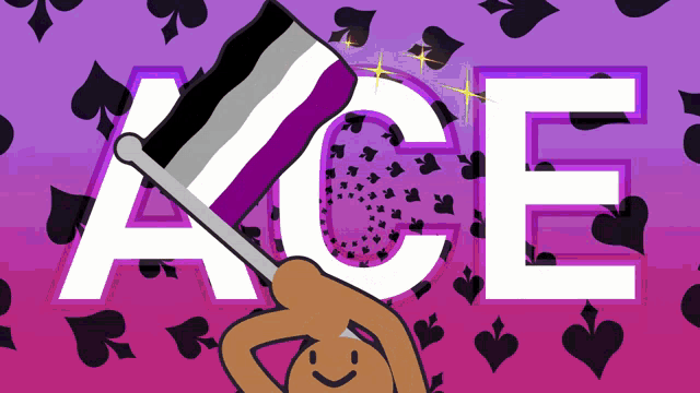 a cartoon drawing of a person holding a purple ace flag