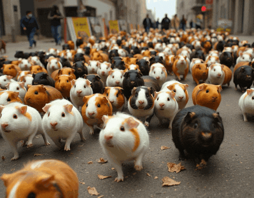 a herd of guinea pigs are walking down a street