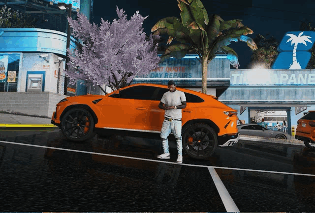 a man is standing in front of an orange car in front of a building that says ' tiger pane ' on it