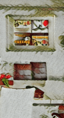 a painting of a window with the word bakery in the corner