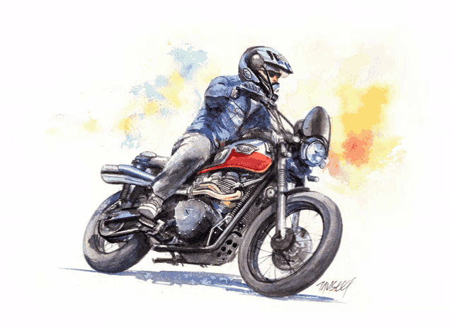 a watercolor painting of a man riding a motorcycle with the name timothy written on the bottom