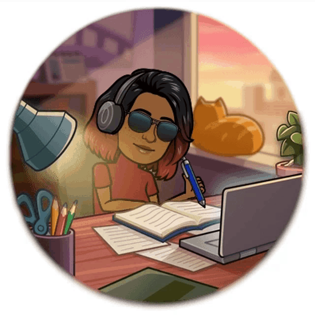 a cartoon of a woman wearing headphones writing in a notebook next to a laptop