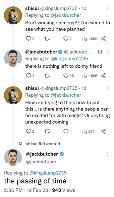 a screenshot of a twitter conversation with shisui and jack butcher