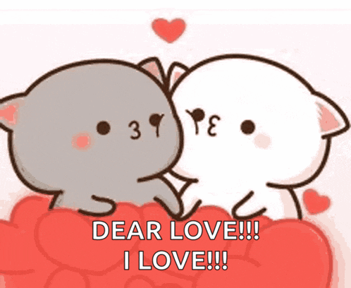 two cartoon cats are kissing each other on a heart shaped pillow with the words dear love i love .