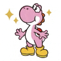 a pink yoshi from super mario bros is wearing yellow boots and standing with his arms outstretched .