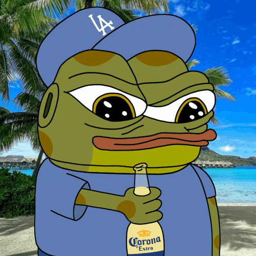 a frog wearing a la hat holds a bottle of corona