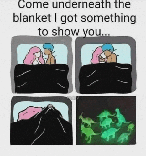 a cartoon of a man and a woman laying under a blanket with dinosaurs glowing in the dark .